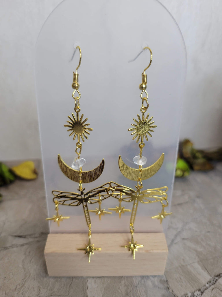 Dragonfly Dangle Earrings, Moon Sun Star Long Drop Earrings for Women, Golden Gift for Her