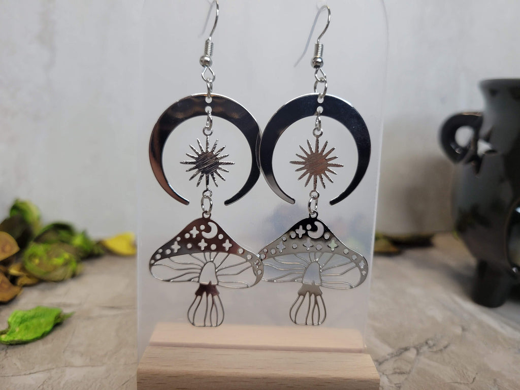 Celestial Mushroom Earrings Sun & Star Silver Gold Long Drop Earrings for Women Celestial Earrings