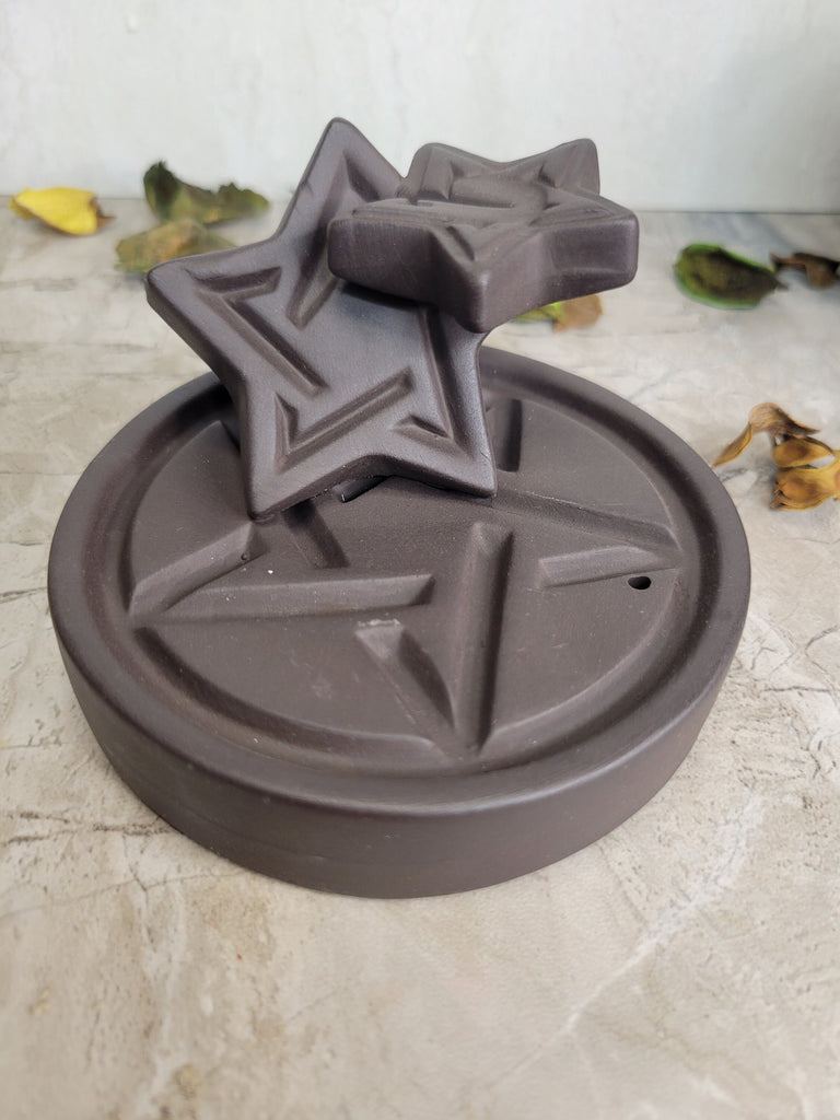 Handmade Pentacle Ceramic Backflow Incense Burner Triple Pentacles Witchy Burner