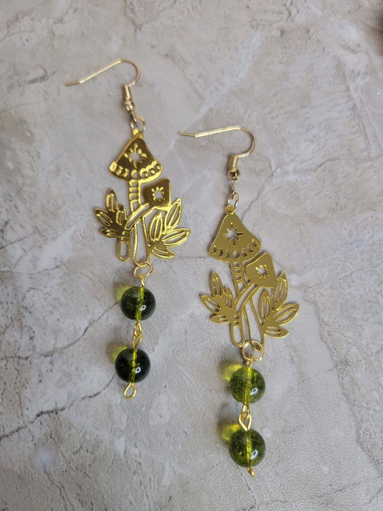 Mushroom Earrings with Green Beads, Phases of the Moon with MushroomNature Earrings, Gold Mushroom Moon Earrings