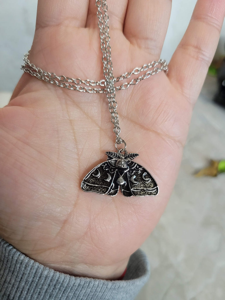 Moon Phase Moth Pendant Necklace, Gothic Jewelry, Antique Silver, Nature Lover Necklace
