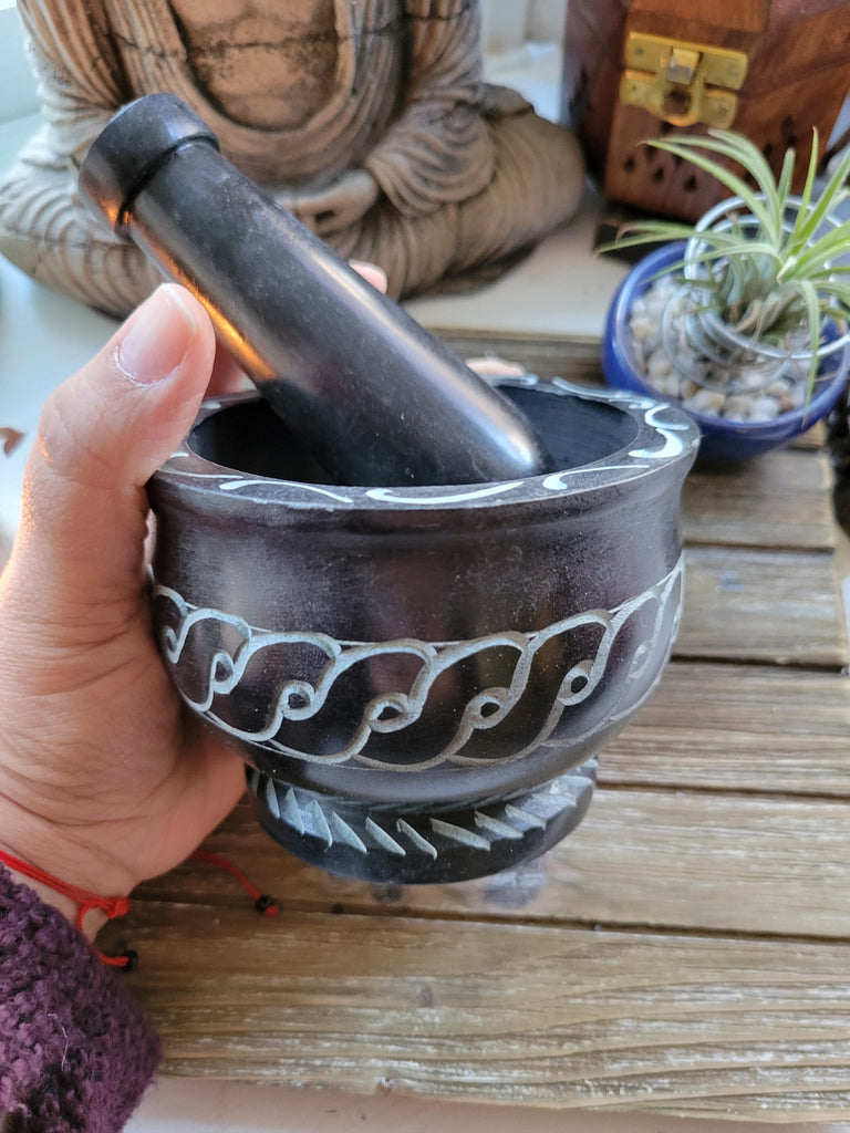 Black Mortar and Pestle, Soapstone Herb Grinder Handmade Mortar