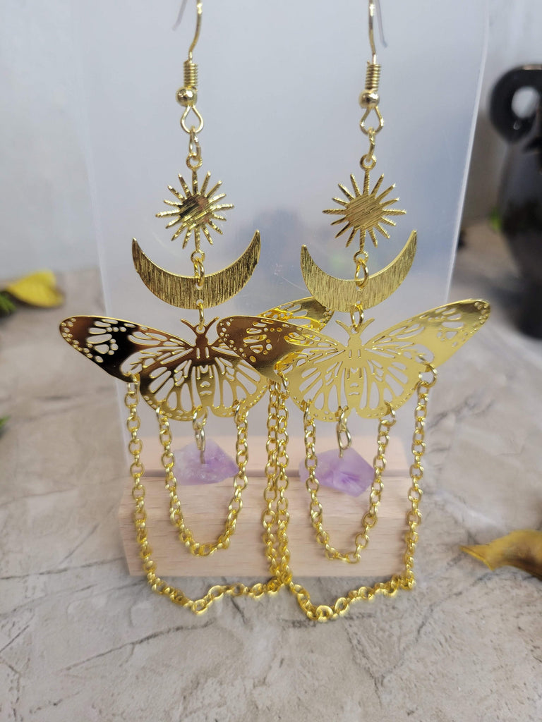 Long Drop Natural Amethyst Sun & Moon Dangle Earrings for Women Butterfly Amethyst Earrings Magical Earrings