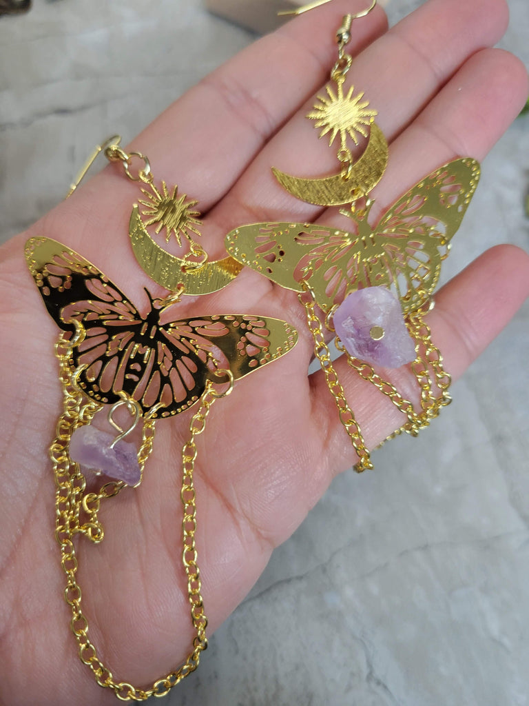 Long Drop Natural Amethyst Sun & Moon Dangle Earrings for Women Butterfly Amethyst Earrings Magical Earrings