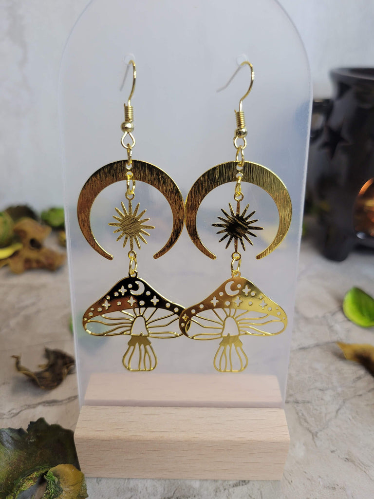 Celestial Mushroom Earrings Sun & Star Silver Gold Long Drop Earrings for Women Celestial Earrings