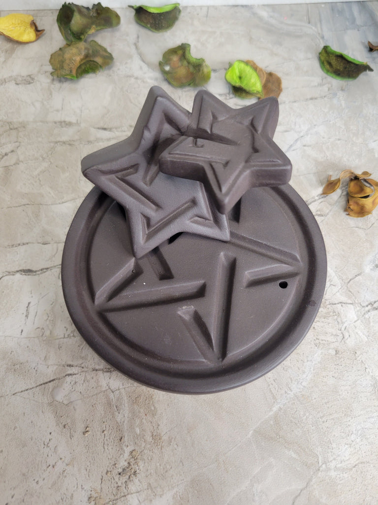 Handmade Pentacle Ceramic Backflow Incense Burner Triple Pentacles Witchy Burner