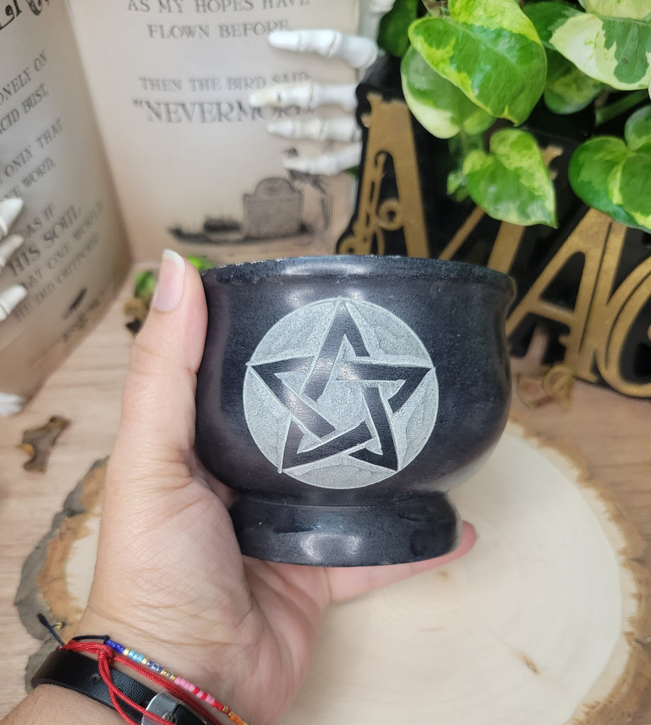 Pentagram Black Mortar and Pestle, Soapstone Herb Grinder Handmade Mortar