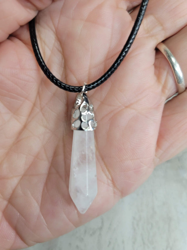 Clear Quartz single Point Pencil Pendant with Cord ,Clear Quartz Gemstone Protection Jewelry, Reiki Necklace
