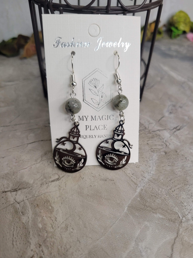 Labradorite Potion Bottle Charm Earrings, Witchy Earrings , Potion Bottle Earrings, Labradorite Jewelry