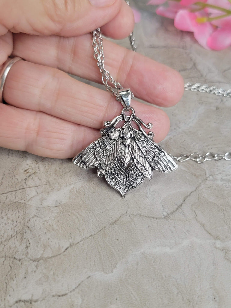 Moth Pendant Necklace, Gothic Jewelry, Antique Silver, Nature Lover Necklace