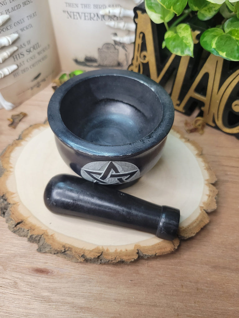 Pentagram Black Mortar and Pestle, Soapstone Herb Grinder Handmade Mortar