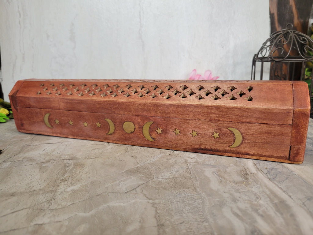 Celestial Wooden Incense Burner Box Triple Moon , Incense Storage Box, Handcrafted Wood Box for Incense