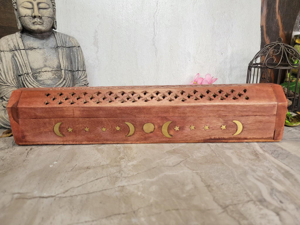 Celestial Wooden Incense Burner Box Triple Moon , Incense Storage Box, Handcrafted Wood Box for Incense