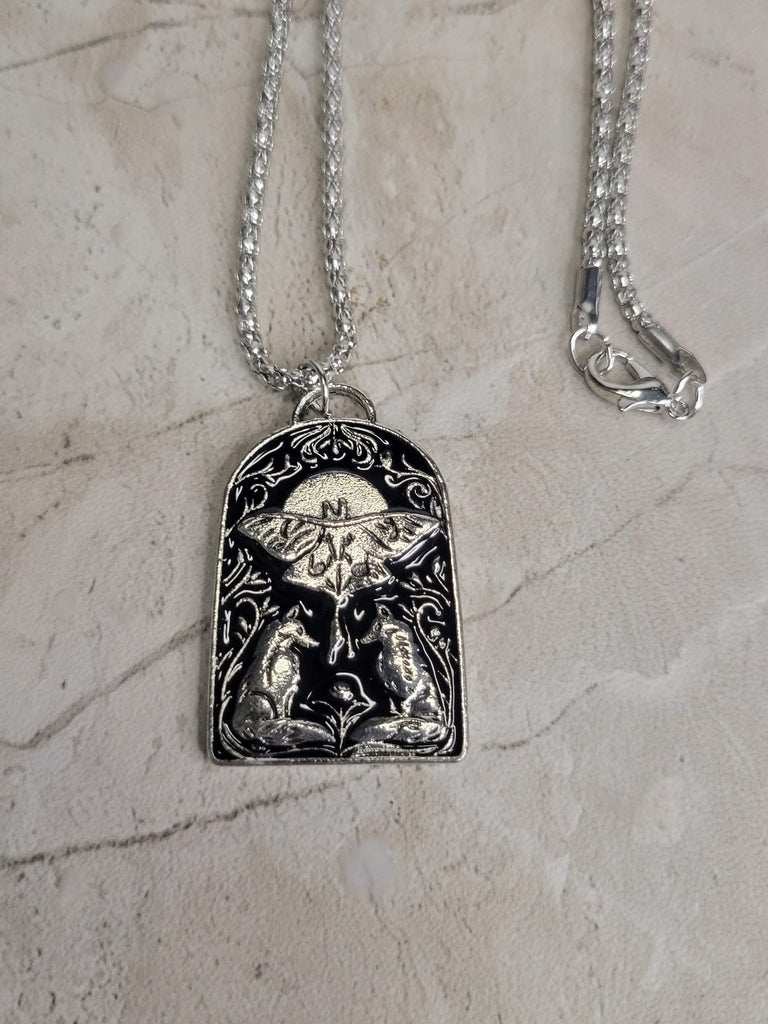 Wolves and Moth Pendant Necklace, Gothic Jewelry, Antique Silver, Nature Lover Necklace