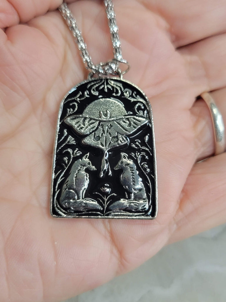 Wolves and Moth Pendant Necklace, Gothic Jewelry, Antique Silver, Nature Lover Necklace