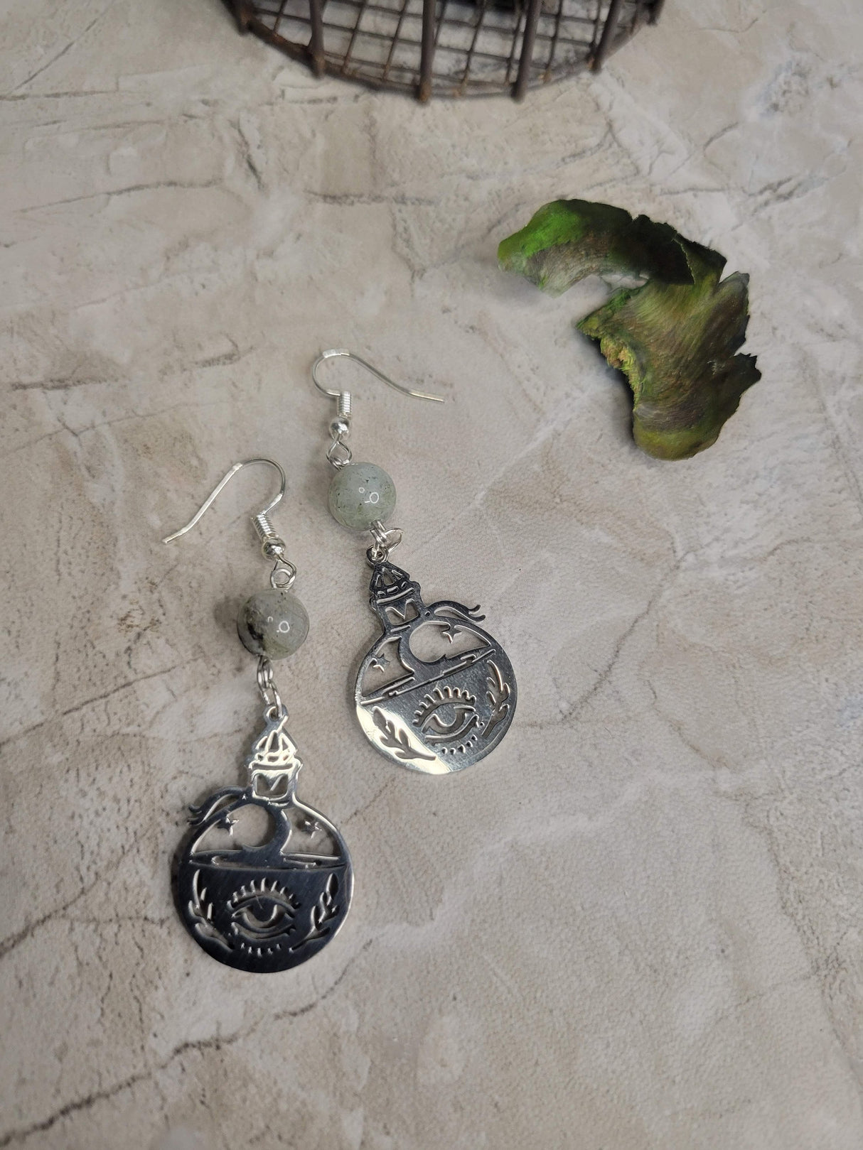 Labradorite Potion Bottle Charm Earrings, Witchy Earrings , Potion Bottle Earrings, Labradorite Jewelry