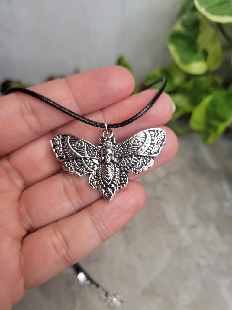 Skull Moth Pendant Necklace, Gothic Jewelry, Antique Silver, Nature Lover Necklace