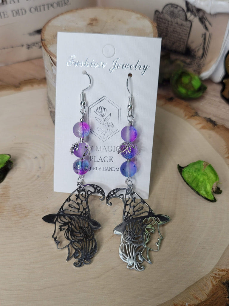 Purple Magick Witchy Earrings, Witching Gift for Halloween Witchy Woman Earrings Purple Beads Jewelry