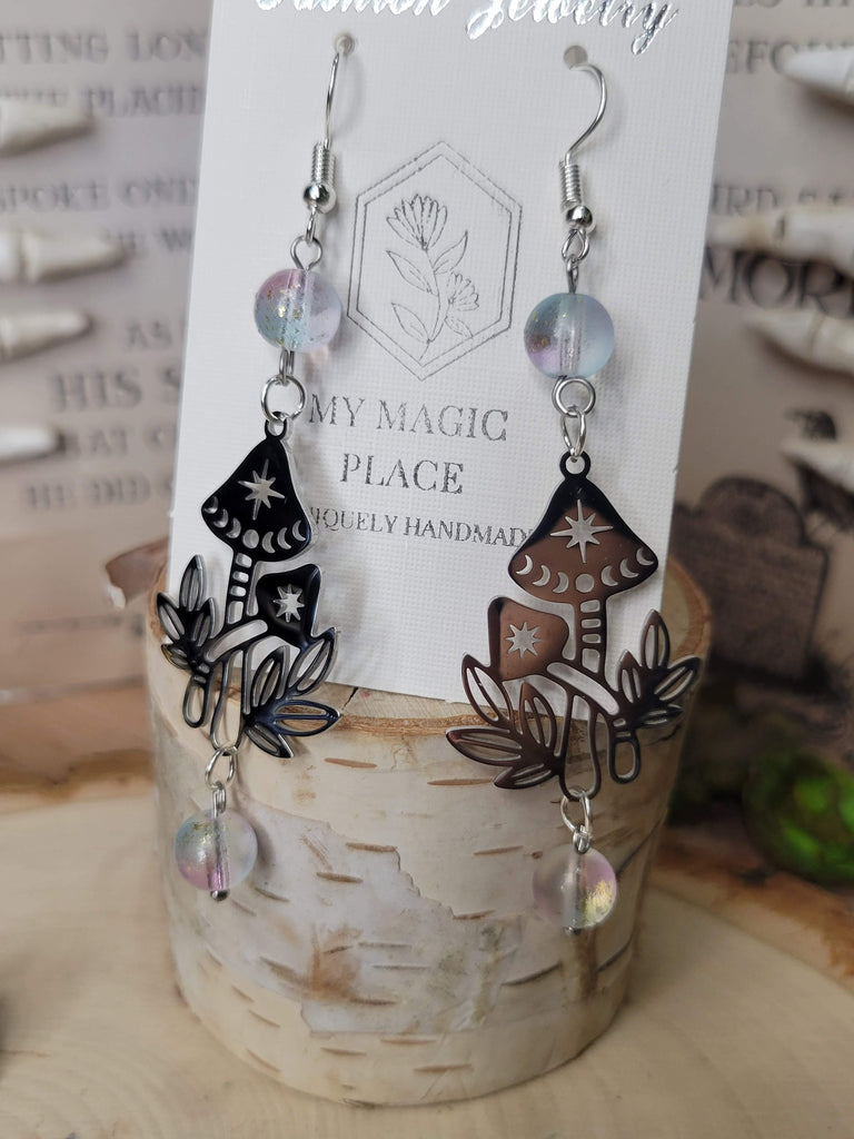 Mushroom Star Magick Witchy Earrings, Witching Gift for Halloween Witchy Woman Earrings Purple Pink Beads Jewelry