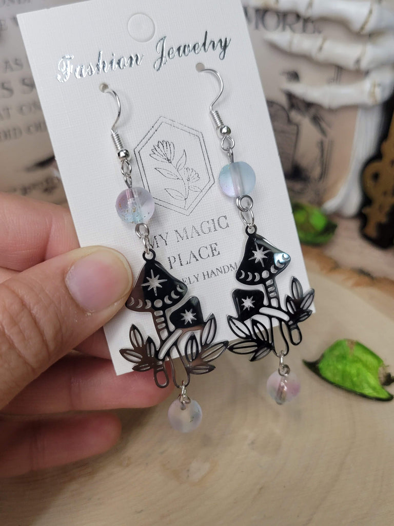 Mushroom Star Magick Witchy Earrings, Witching Gift for Halloween Witchy Woman Earrings Purple Pink Beads Jewelry