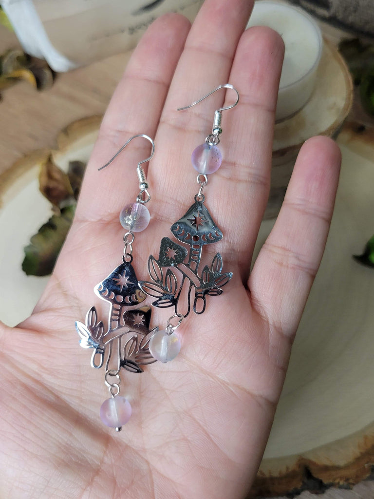 Mushroom Star Magick Witchy Earrings, Witching Gift for Halloween Witchy Woman Earrings Purple Pink Beads Jewelry