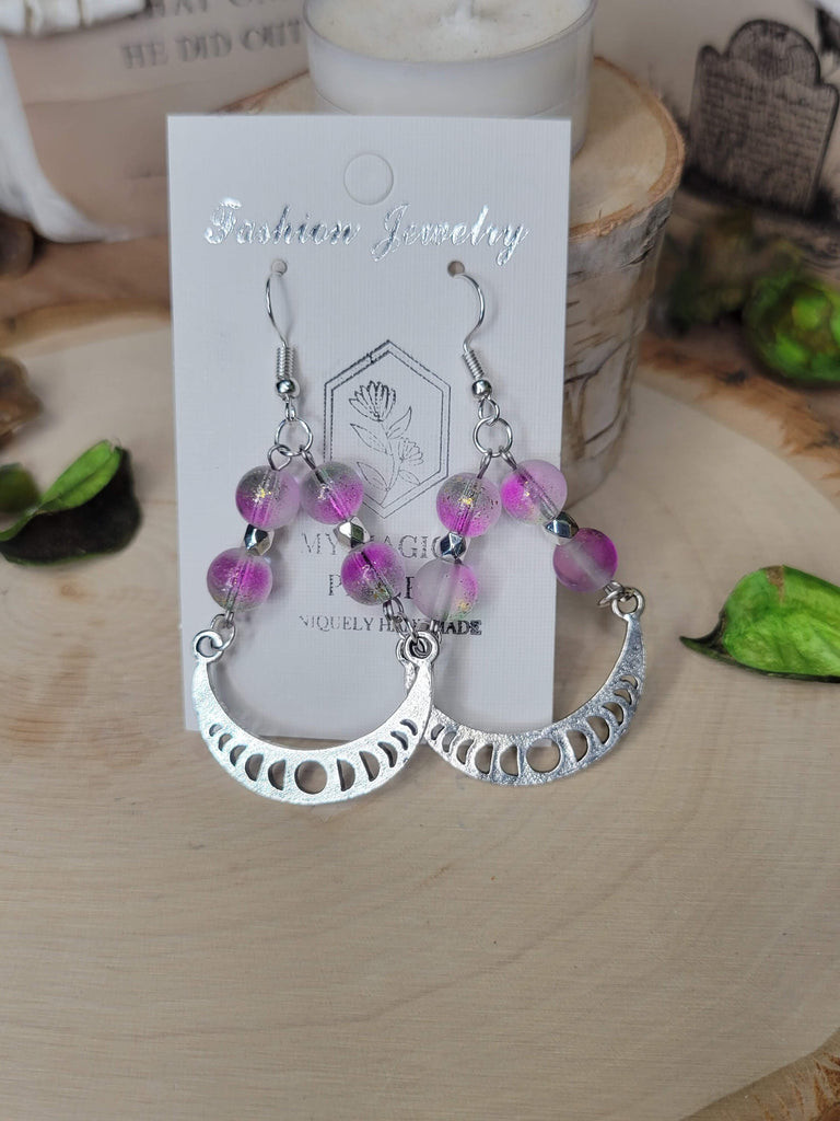 Phases Of the Moon Magick Witchy Earrings, Witching Gift for Halloween Witchy Woman Earrings Purple Pink Beads Jewelry