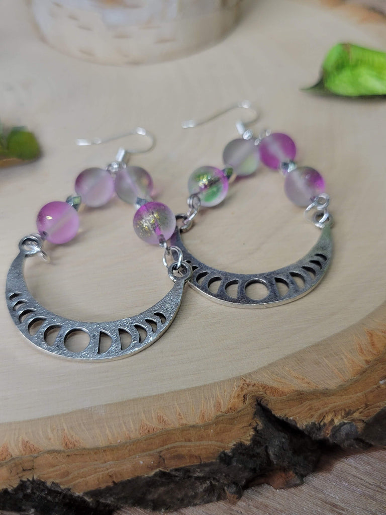 Phases Of the Moon Magick Witchy Earrings, Witching Gift for Halloween Witchy Woman Earrings Purple Pink Beads Jewelry
