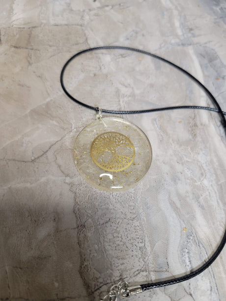 Handmade Selenite Tree of Life round 7 chakra Orgone Energy Pendant 1.5"