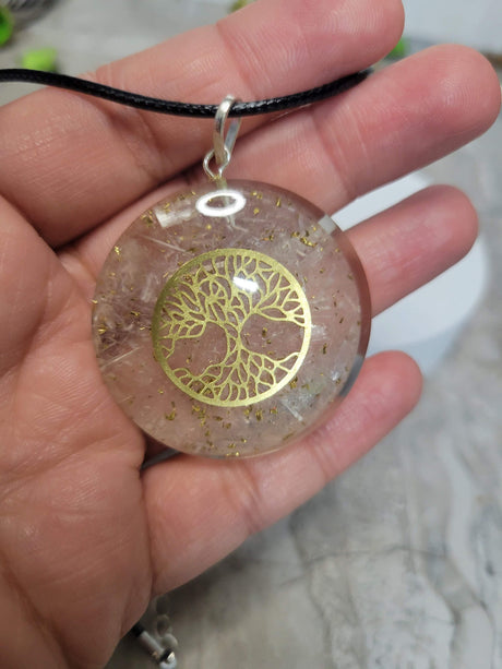 Handmade Selenite Tree of Life round 7 chakra Orgone Energy Pendant 1.5"
