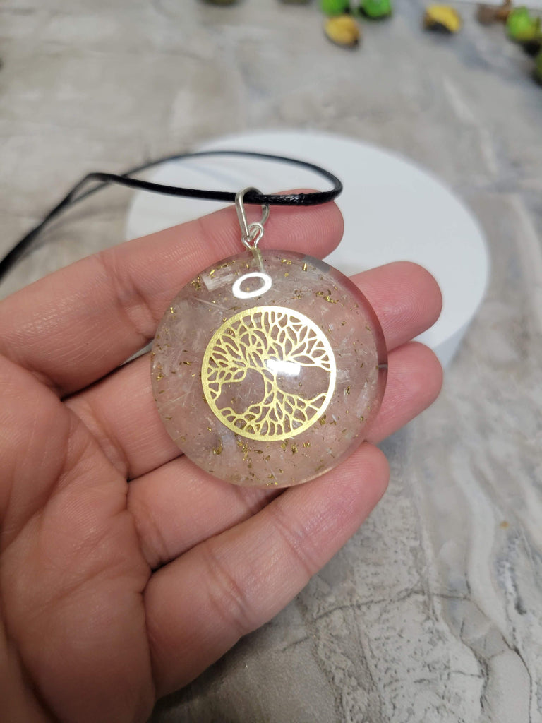 Handmade Selenite Tree of Life round 7 chakra Orgone Energy Pendant 1.5"