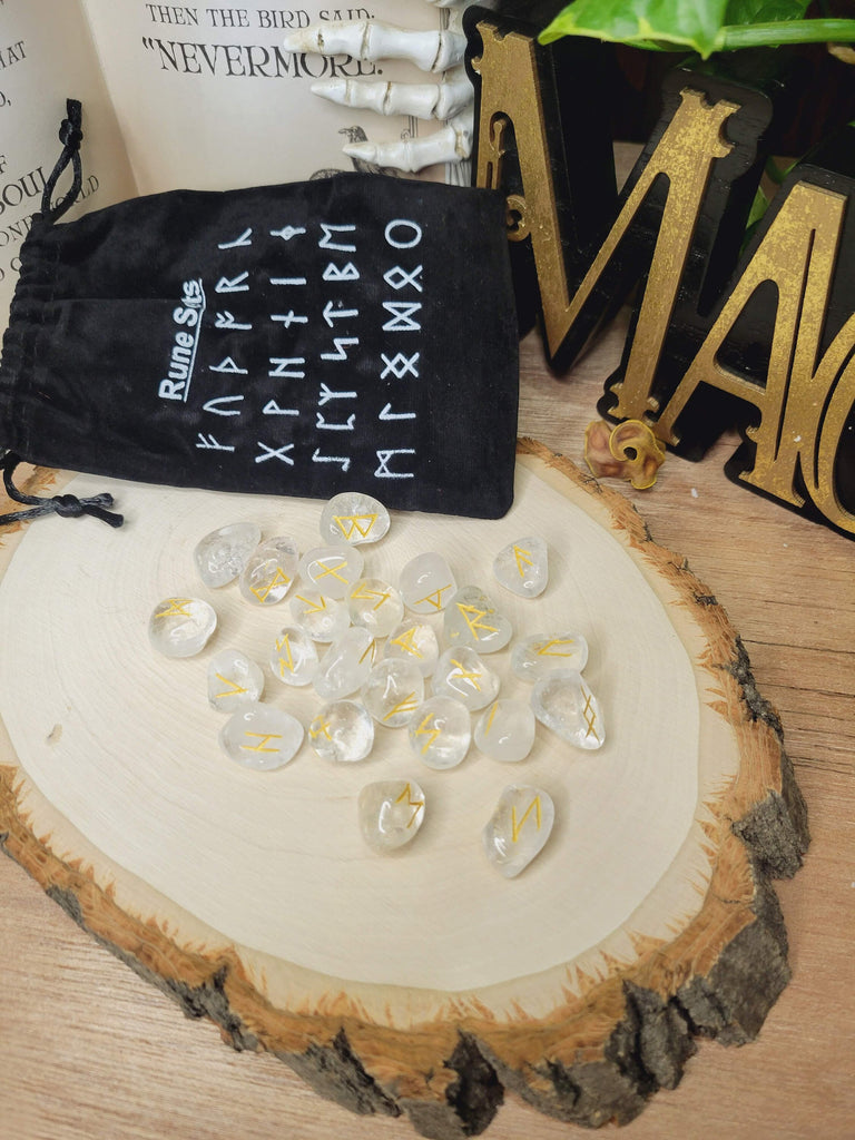 Clear Quartz Rune stone set with Black Pouch (25 stone set) Runestones Quartz Gemstone