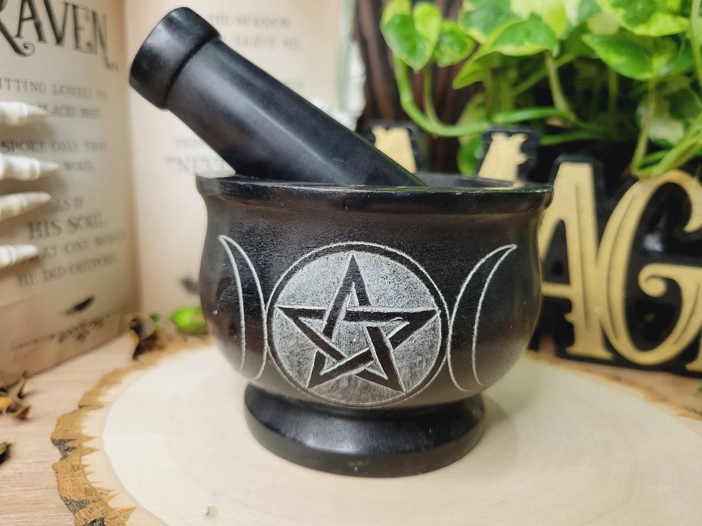 Triple Moon Pentagram Black Mortar and Pestle, Soapstone Herb Grinder Handmade Mortar