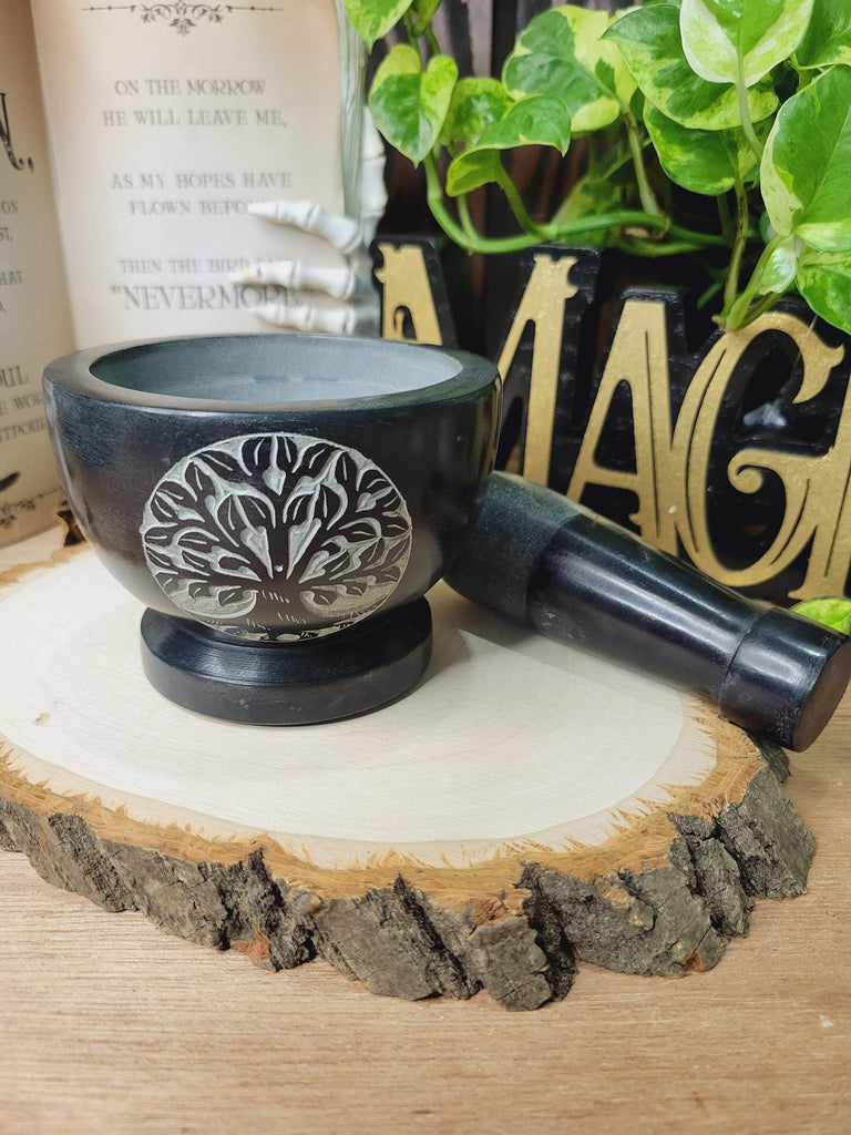 Tree of Life Black Mortar and Pestle,Tree of life Soapstone Herb Grinder Handmade Mortar