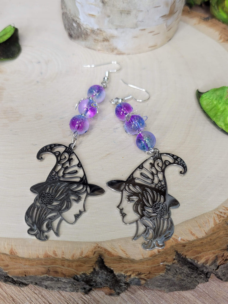 Purple Magick Witchy Earrings, Witching Gift for Halloween Witchy Woman Earrings Purple Beads Jewelry