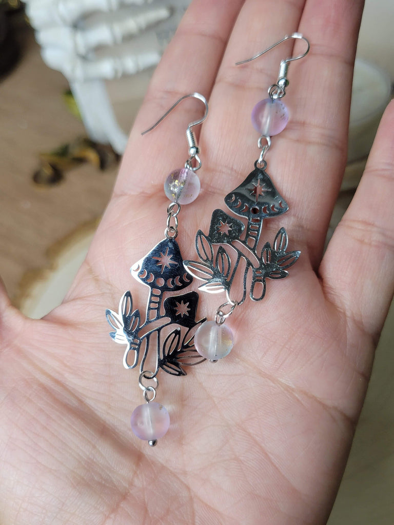 Mushroom Star Magick Witchy Earrings, Witching Gift for Halloween Witchy Woman Earrings Purple Pink Beads Jewelry