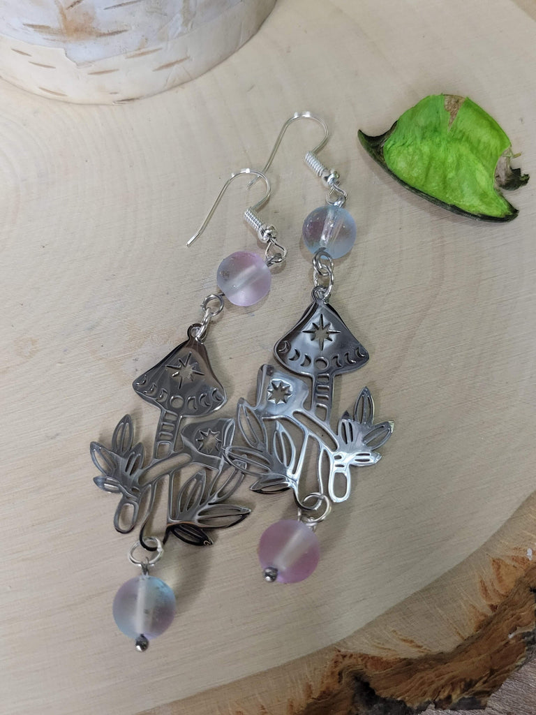 Mushroom Star Magick Witchy Earrings, Witching Gift for Halloween Witchy Woman Earrings Purple Pink Beads Jewelry