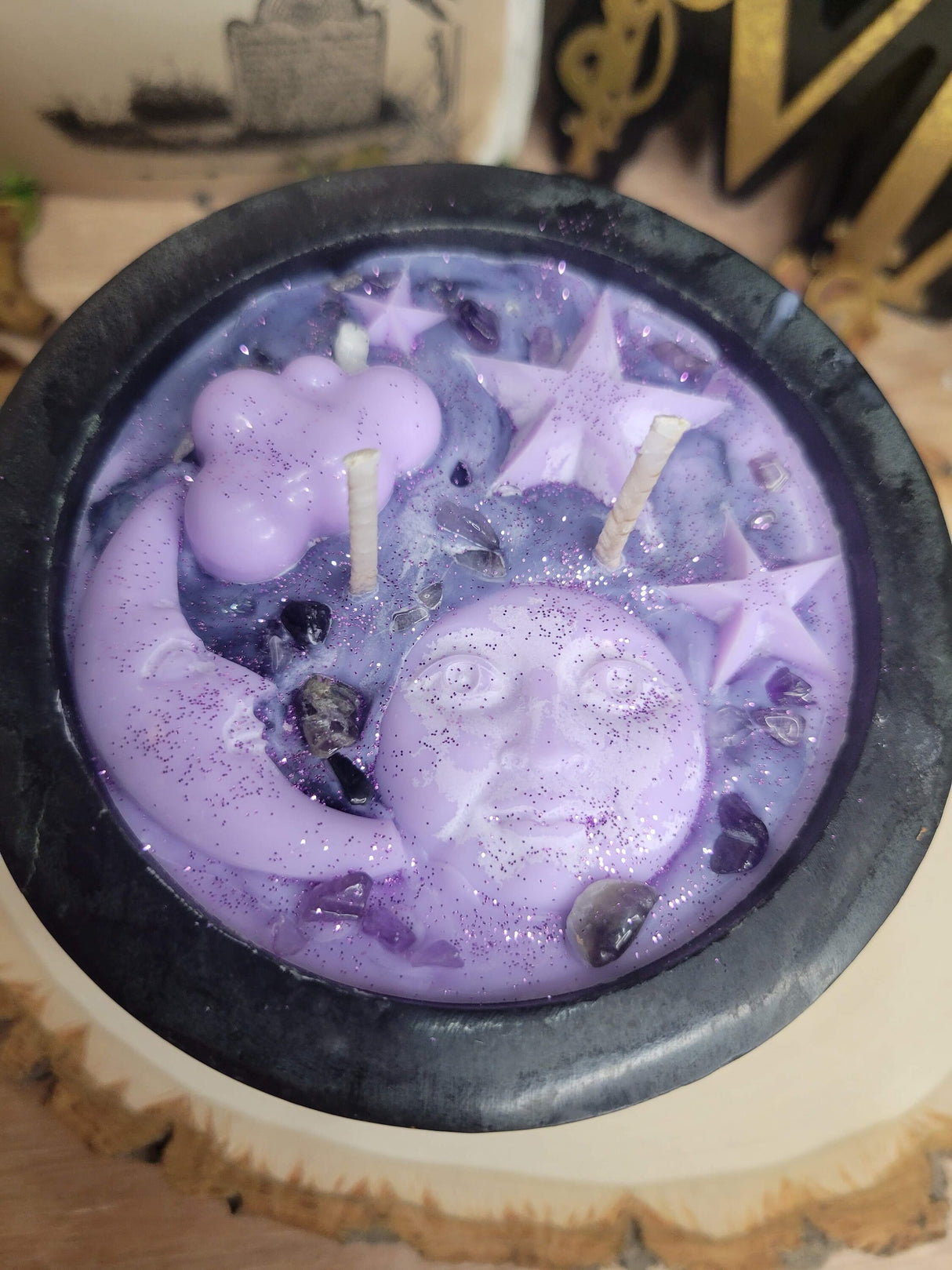 Soapstone Pentagram Celestial Candle, Celestial Purple Decor Witchy Candle, Soy Candle
