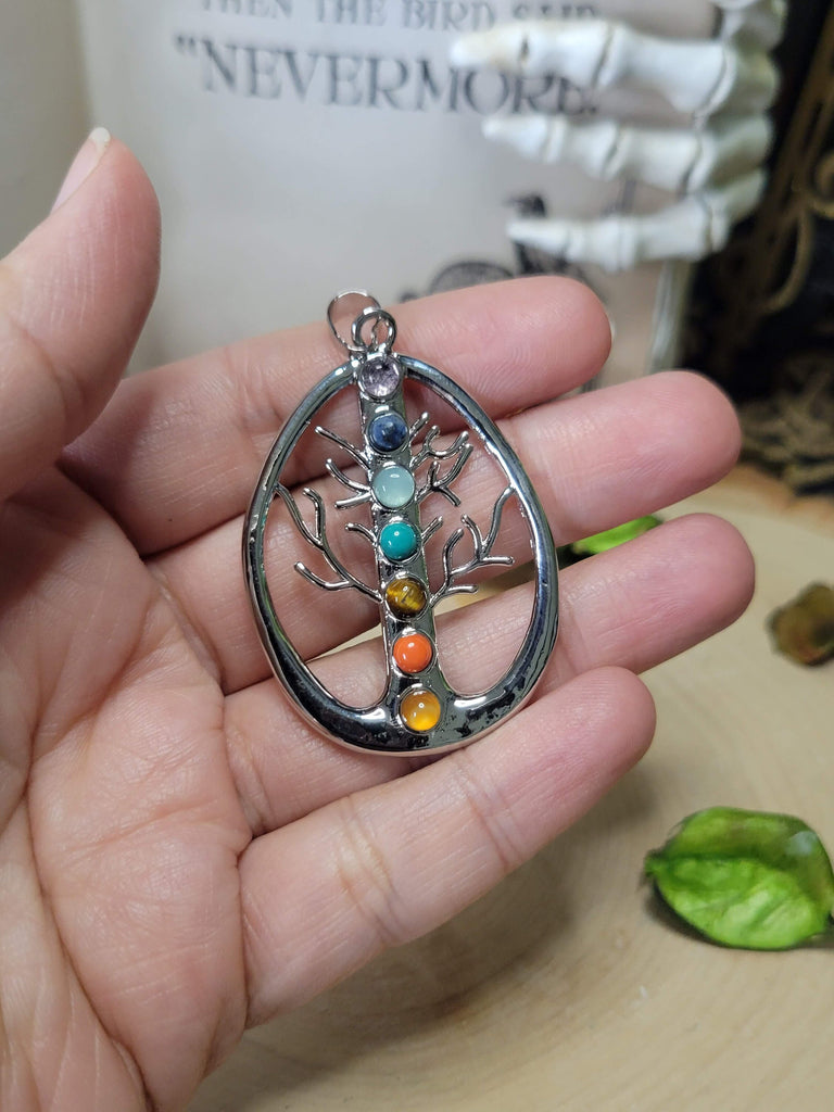 Seven Chakra Stone Drop with Tree Chakras Necklace, Seven Chakras Pendant