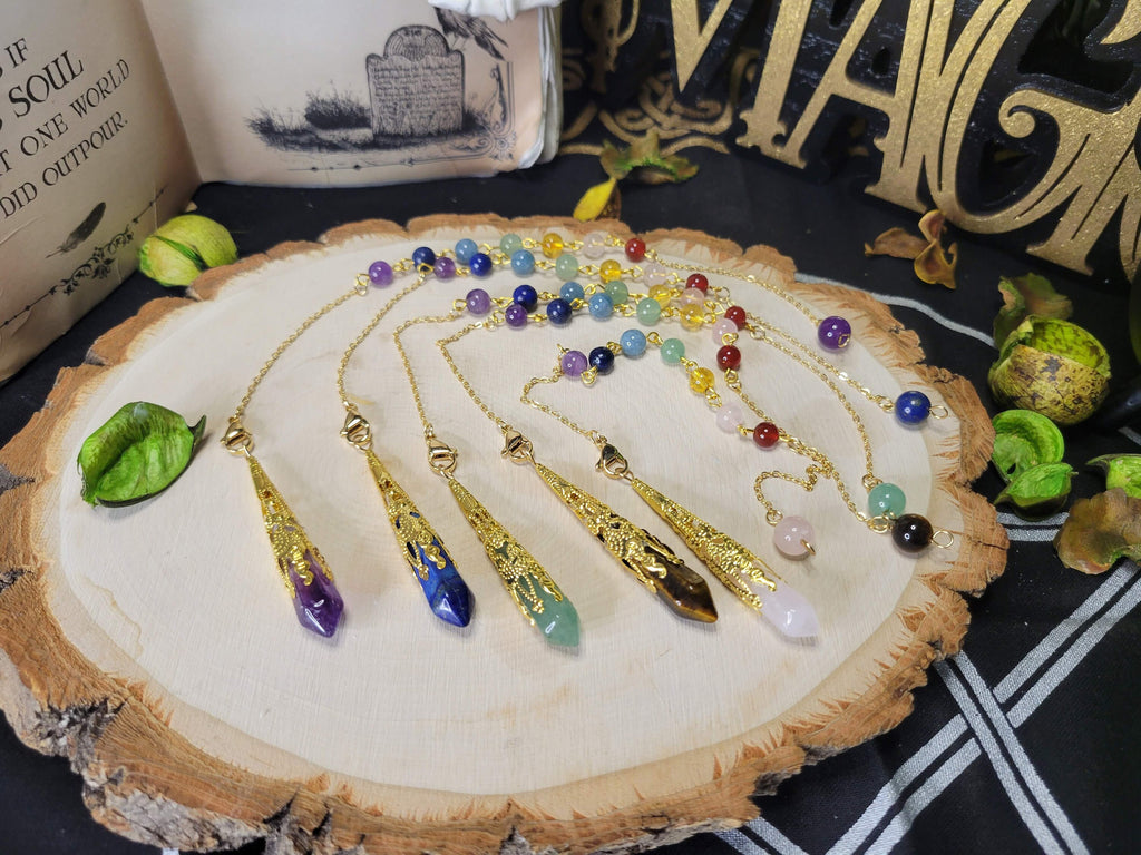 Gold Crystal Pendulum Chakra jewelry, Gemstone Dowsing Pendulum Natural Gemstone Crystal Chips