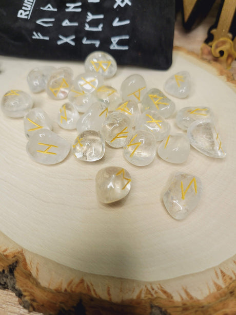Clear Quartz Rune stone set with Black Pouch (25 stone set) Runestones Quartz Gemstone