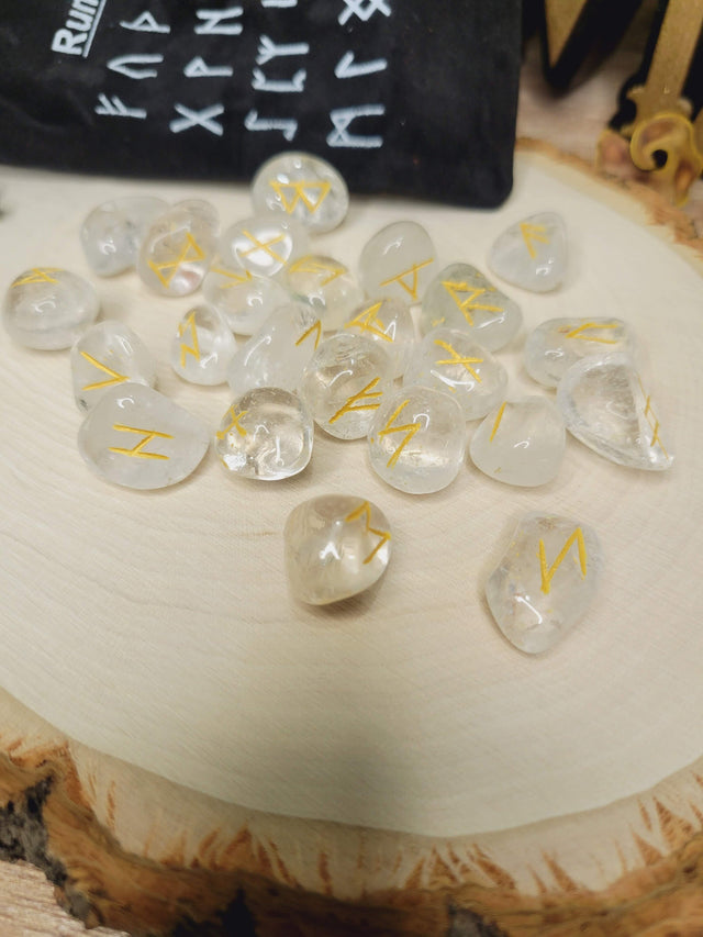 Clear Quartz Rune stone set with Black Pouch (25 stone set) Runestones Quartz Gemstone