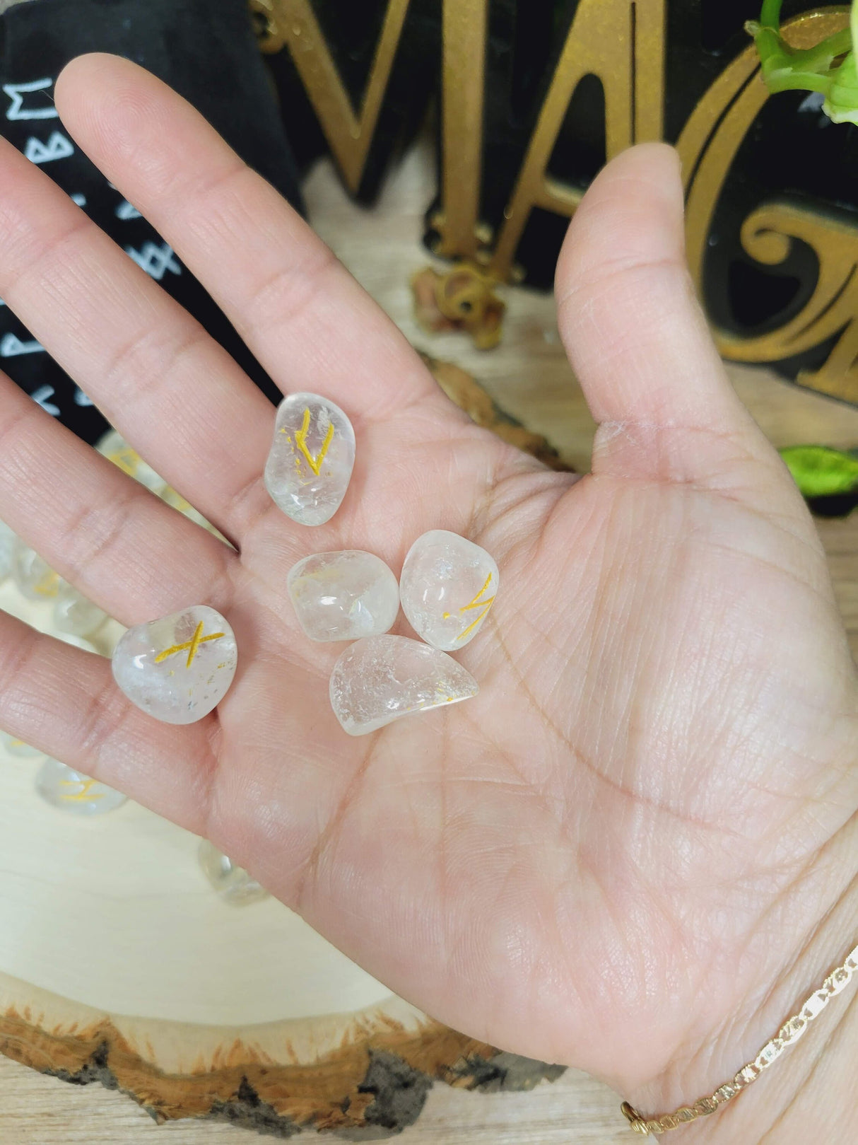 Clear Quartz Rune stone set with Black Pouch (25 stone set) Runestones Quartz Gemstone