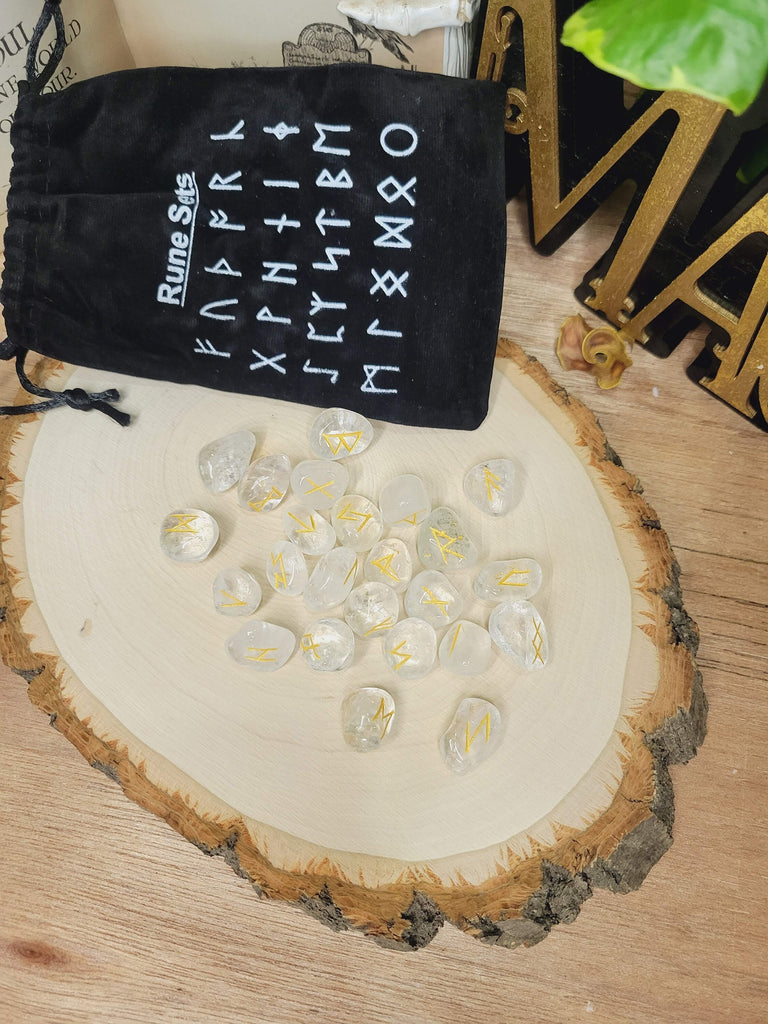 Clear Quartz Rune stone set with Black Pouch (25 stone set) Runestones Quartz Gemstone