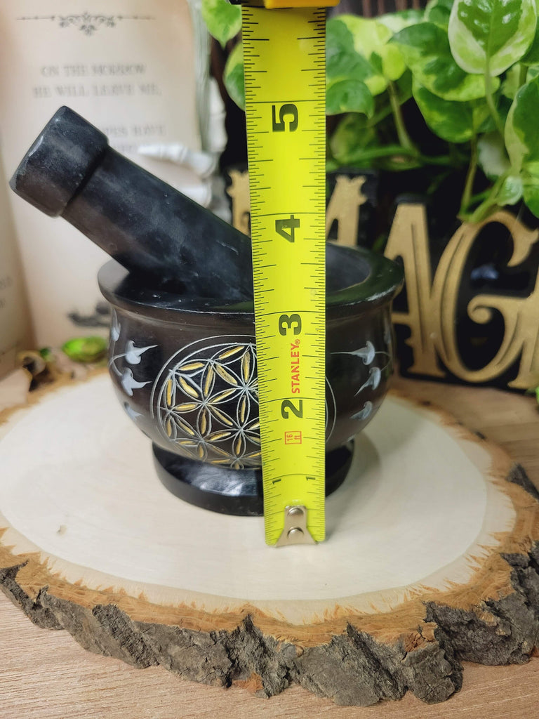 Flower of Life Black Mortar and Pestle, Flower of Life Soapstone Herb Grinder Handmade Mortar