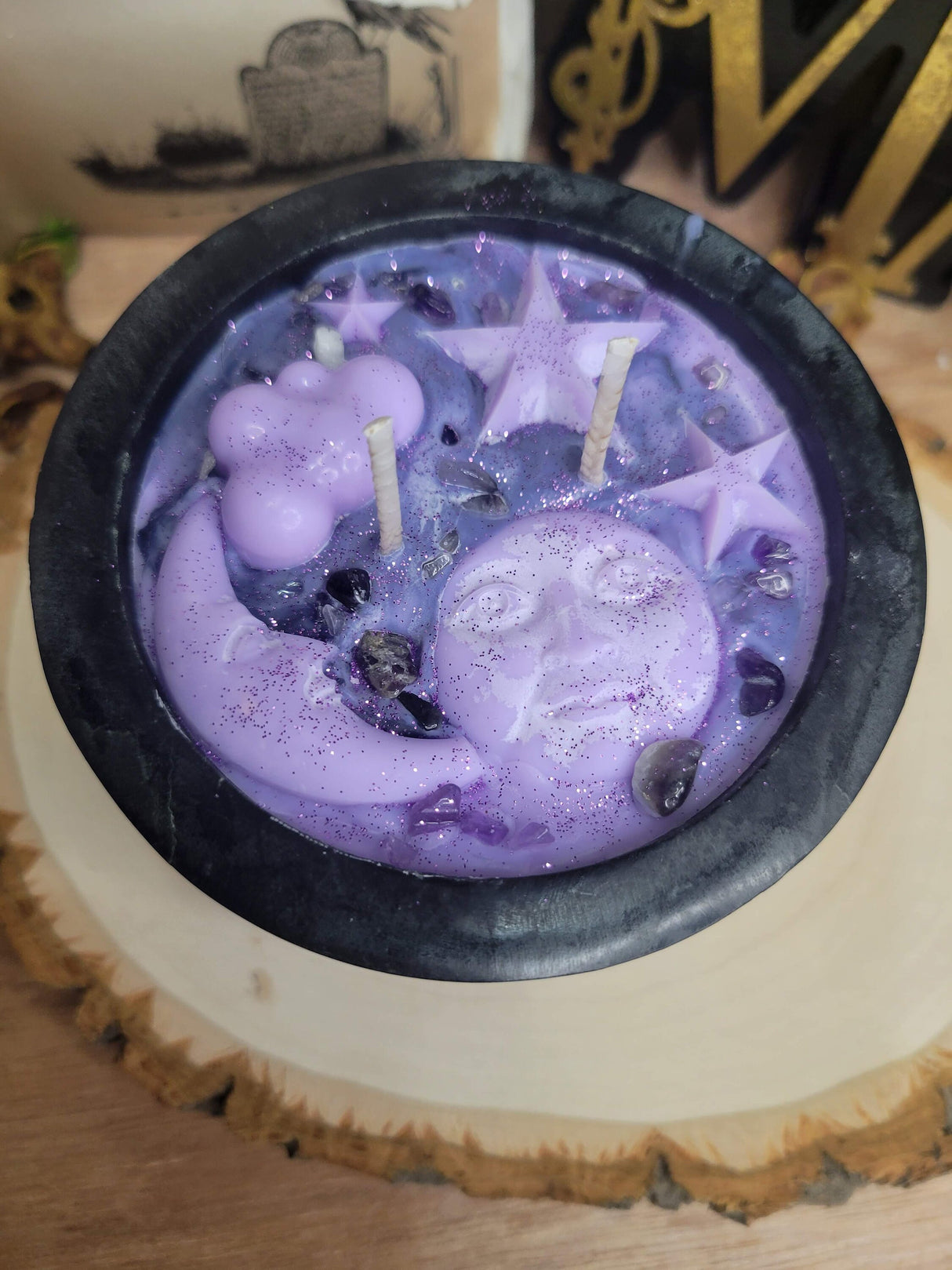 Soapstone Pentagram Celestial Candle, Celestial Purple Decor Witchy Candle, Soy Candle