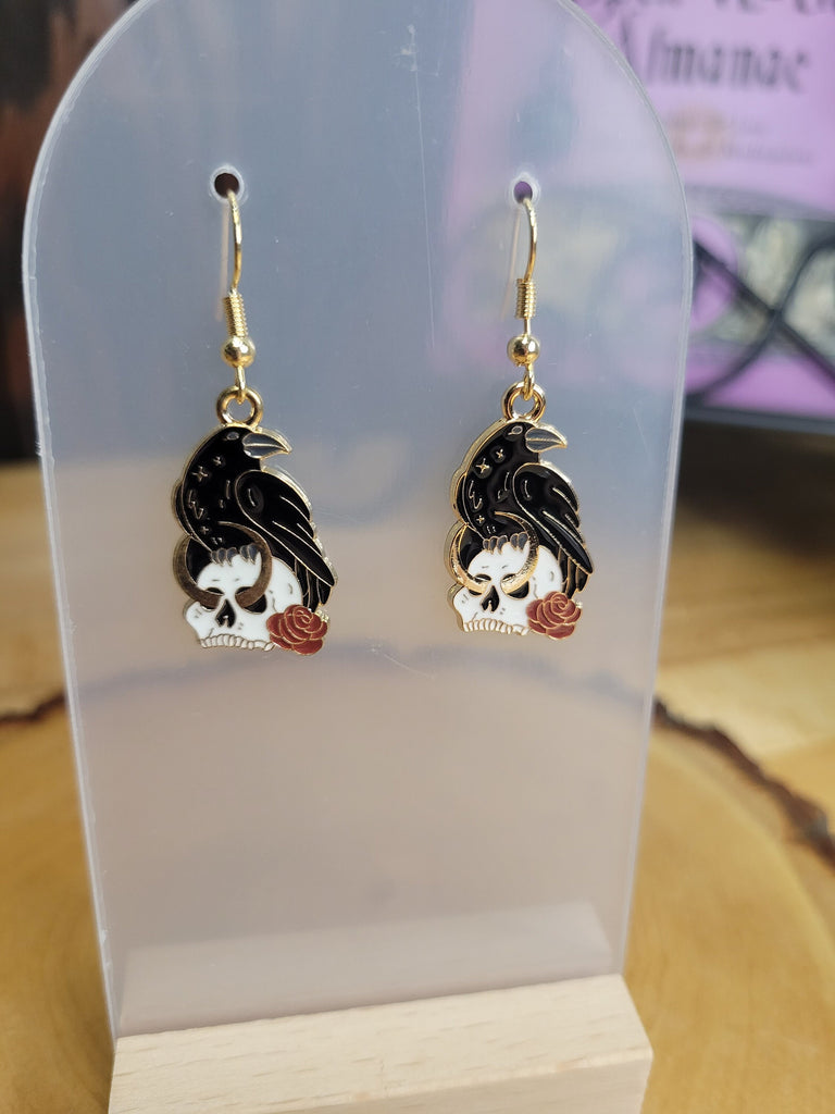 Crow and Skul Dangle Earrings, Witch Drop Earrings for Women, Golden and Black