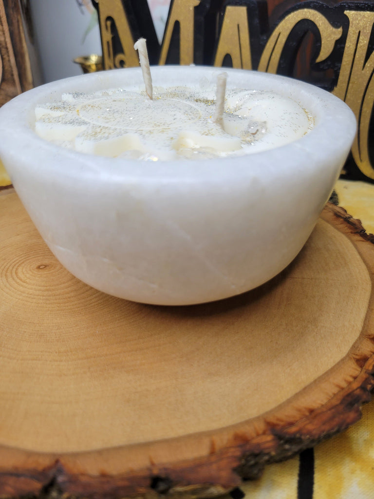 Manifestation Celestial Candle on Marble Stone Bowl, Celestial White Decor Witchy Candle, Soy Candle