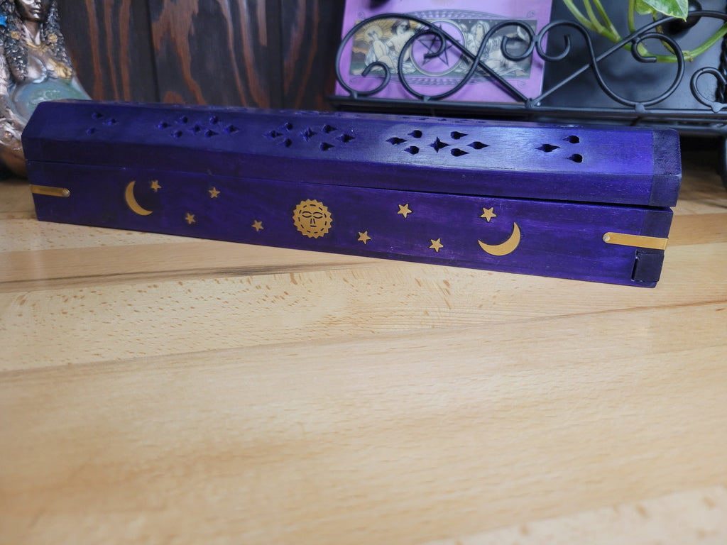 Purple Celestial Wooden Incense Burner Box Triple Moon, Incense Storag – My  Magic Place Shop