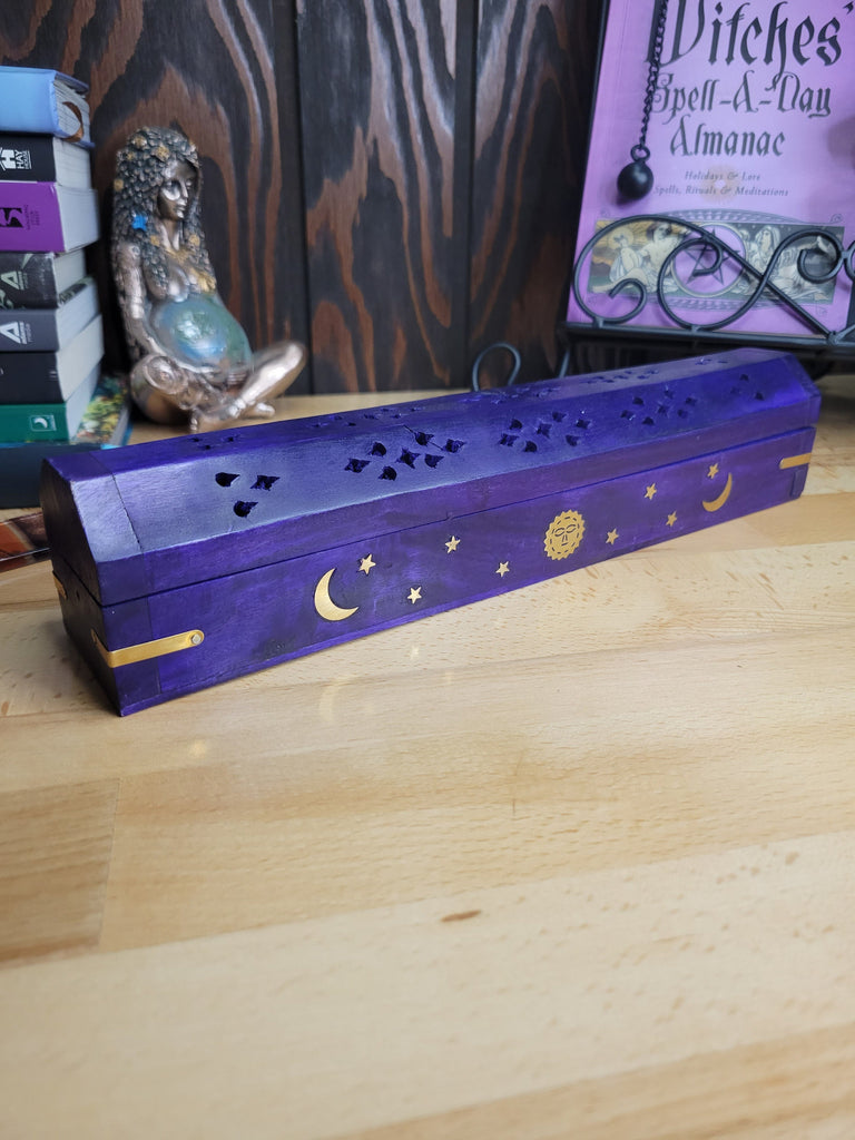 Purple Celestial Wooden Incense Burner Box Triple Moon, Incense Storage Box, Handcrafted Wood Box for Incense
