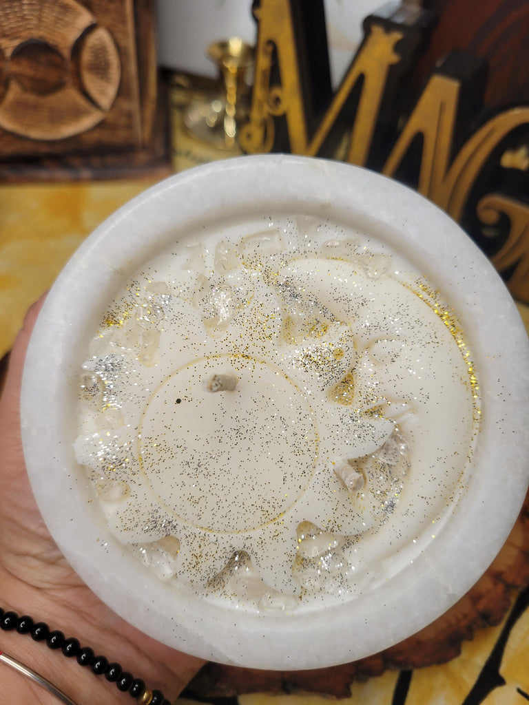 Manifestation Celestial Candle on Marble Stone Bowl, Celestial White Decor Witchy Candle, Soy Candle